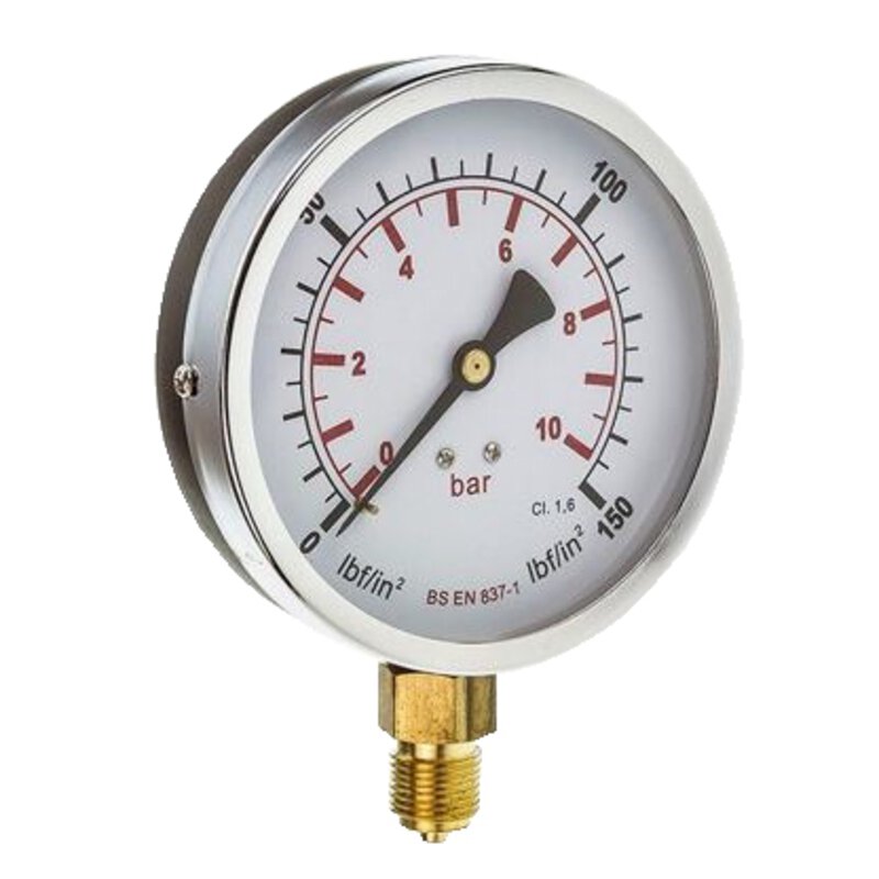 Pressure Gauge 0-10 Bar- 100mm 3/8" Bottom Calibrated cw Cert