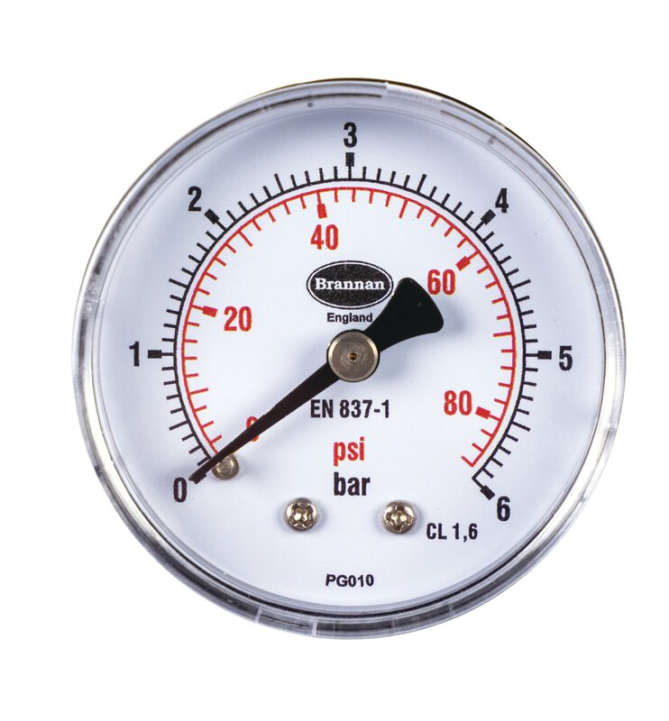 Pressure Gauge 0-10 Bar 1/4" Back Connection (50mm dia.)