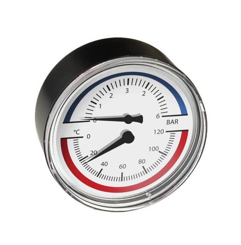 Temp & Pressure Gauge 80mm - ½" Back x63mm Stem 6bar, 120C